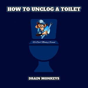 unclog a toilet drain monkeys logo on a toilet with text
